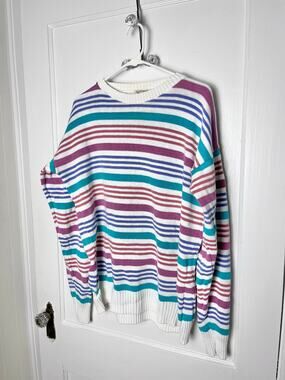 Vintage 90s The Fox Sweater Pink Green Striped Men's XLT Colorful Crewneck